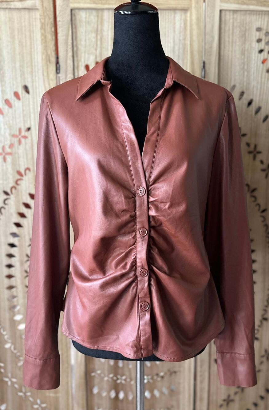 HOUSE OF HARLOW Brown Vegan Leather Ruched Button Front Top Size L